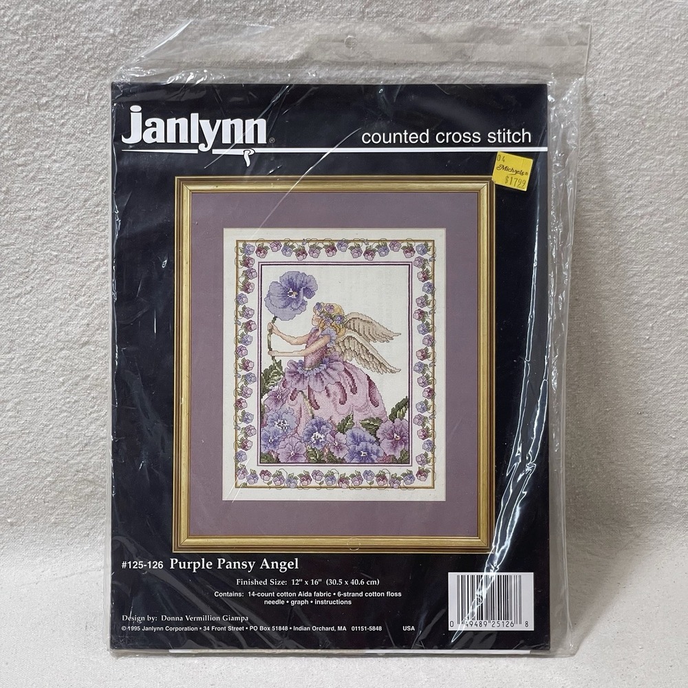 Janlynn Purple Pansy Angel Counted Cross Stitch Kit #125-126 1995 Vntg‎ Complete